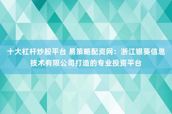 十大杠杆炒股平台 易策略配资网：浙江银葵信息技术有限公司打造的专业投资平台